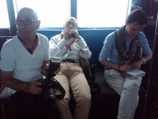 From left to right: Lino Arrigo Azzopardi, Karl Stagno Navarra, and Ruth Castillo, heading out to sea in an AFM patrol boat's bridge, to cover an illegal immigration event, one of many between years 2002 and 2012. And I recall, as the military Public Affairs Officer escorting them, that everyone was missing cellphone connectivity out there to transmit their journalism products.